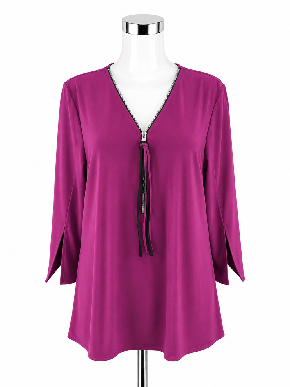 Joseph Ribkoff Asymmetrical Tassel Zipper Tunic Top Fuchsia Purple Size 14
